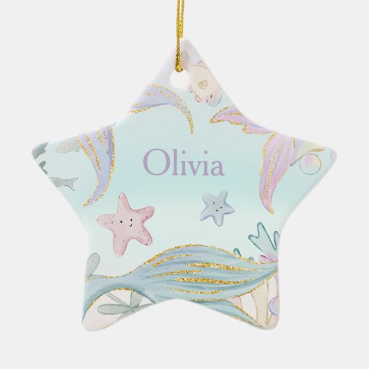 1 Foto Waterverf Glitter Zeemeermin staarten Zee Keramisch Ornament (Voorkant)