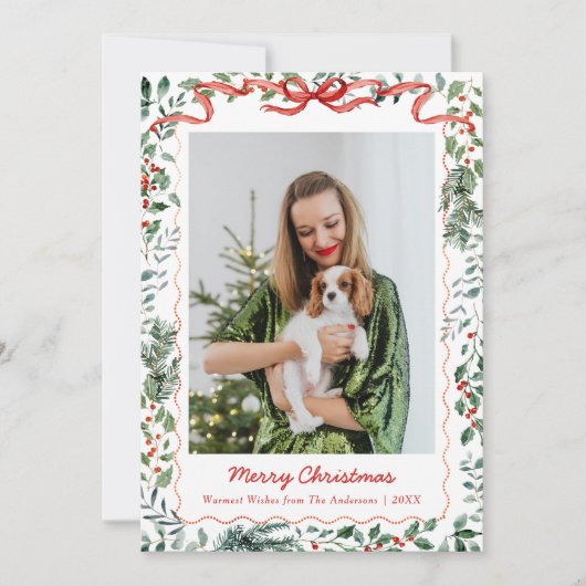 1 Foto Whimsical Christmas Greenery Coquette Bow Feestdagenkaart (Voorkant)
