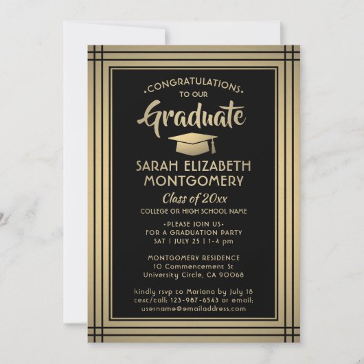 1 Foto zwart en Gold Faux Folie Modern Afstuderen Kaart (Voorkant)