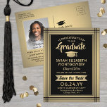 1 Foto zwart Gold modern Afstuderen Opslaan datum Aankondigingskaart<br><div class="desc">Deel het vrolijke nieuws van een aanstaande graduatiedag evenals één favoriete foto met deze moderne zwarte en gouden foto's sparen de briefkaarten van de datumuitnodiging. Al tekst is eenvoudig aan te passen. (AFBEELDING PLACEMENT TIP: Een gemakkelijke manier om een foto precies te centreren hoe u wilt is het te bebouwen...</div>