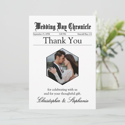 1 Fotokrant bruiloft Elegant script Aangepast Bedankkaart (Staand voorkant)