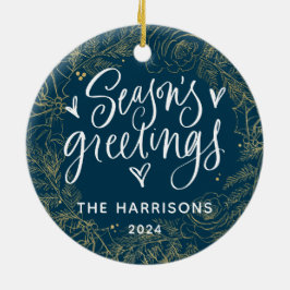 1-Foto's Groetings Navy Blue Two-Sided Keramisch Ornament