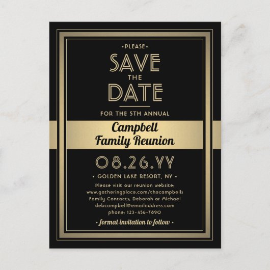 1 Fotoserie reünie Save the Date Black & Gold Aankondigingskaart (Voorkant)