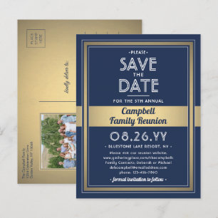 1 Fotoserie reünie Save the Date Blue and Gold Aankondigingskaart