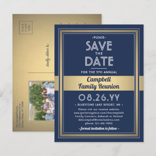 1 Fotoserie reünie Save the Date Blue and Gold Aankondigingskaart (Voorkant / Achterkant)