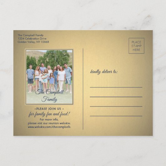 1 Fotoserie reünie Save the Date Blue and Gold Aankondigingskaart (Achterkant)