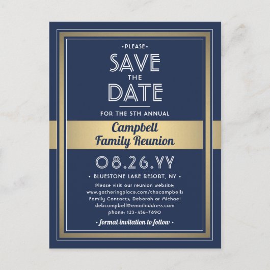 1 Fotoserie reünie Save the Date Blue and Gold Aankondigingskaart (Voorkant)