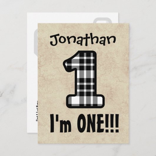 1 jaar 1e verjaardag Plaid nummer A07G Aankondigingskaart (Voorkant / Achterkant)