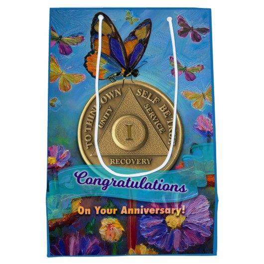 1 Jaar AA Jubileum Munt Vlinders Bloemen Medium Cadeauzakje (Achterkant)