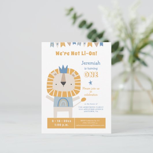 1 jaar Boy Lion Birthday Party Invitation Briefkaart (Staand voorkant)