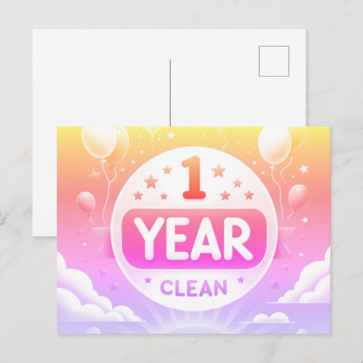 1 jaar Clean Sobriety briefkaart Neon Bright Pink (Voorkant / Achterkant)