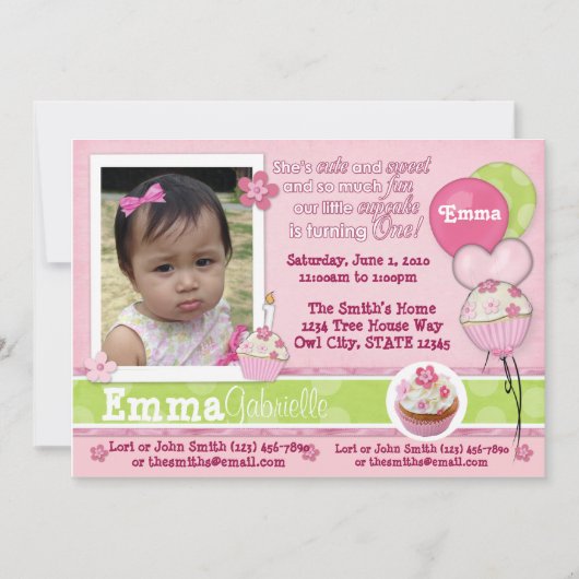 1 jaar Cupcake roze uitnodiging SCHATTIG (foto) (Voorkant)
