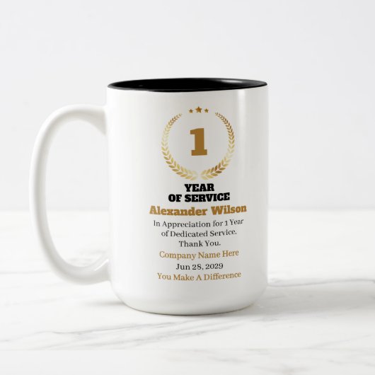 1 jaar dienstverband Werknemer Waardering – Op maa Tweekleurige Koffiemok (Links)
