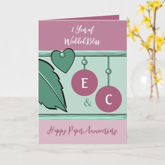 1 jaar papierdag initialen groen lavender kaart (Gele Bloem)