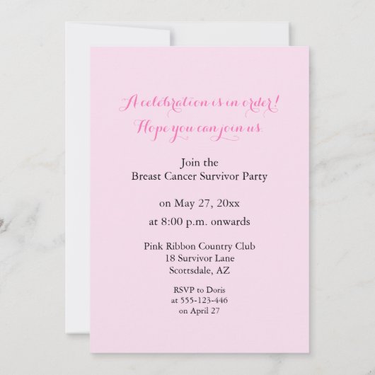 1 jaar Uitnodiging voor een borstkankerfeest (Achterkant)