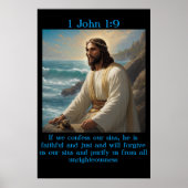 1 John 1:9 met een oude boot in de kalme oceaan Poster (Voorkant)