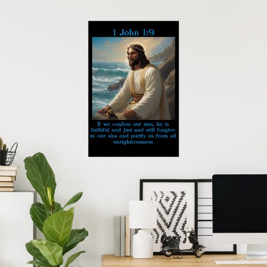 1 John 1:9 met een oude boot in de kalme oceaan Poster (Thuiskantoor)