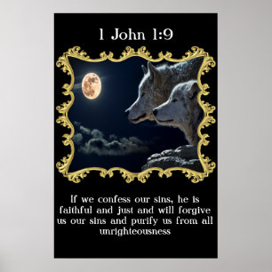 1 John 1:9 Wolven kijken naar de volle maan. Poster