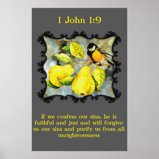 1 John 1:9 Zwarte en gele kanarie spotvogels Poster (Voorkant)