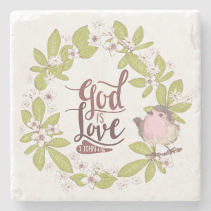 1 John 4:16 God is Love Floral Wreath Cute Bird Stenen Onderzetter