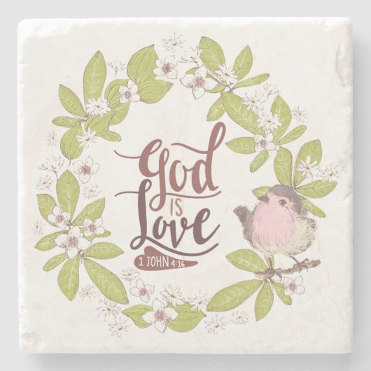 1 John 4:16 God is Love Floral Wreath Cute Bird Stenen Onderzetter (Voorkant)