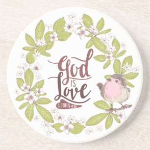 1 John 4:16 God is Love Floral Wreath Cute Bird Zandsteen Onderzetter