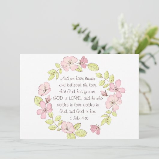 1 John 4:16 God is Love Floral Wreath Flat Card (Staand voorkant)