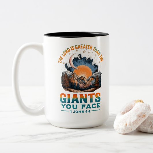 1 John 4:4 Tweekleurige Koffiemok (Met donut)