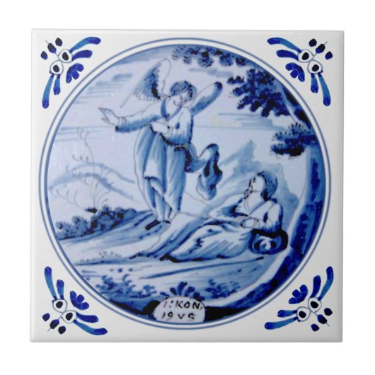 1: Kings:19 Angel Awakens Elijah Blue Delft Repro Tegeltje (Voorkant)