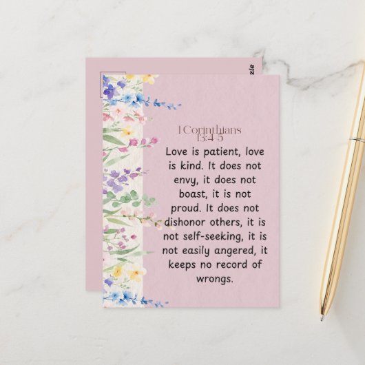 1 Korintiërs 13:4-5 Bijbelvers Afbeelding Briefkaart (Voorkant / Achterkant in situ)