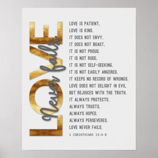 1 Korintiërs 13:4-8 Bijbelvers, Goud & Grijs Poster (Voorkant)