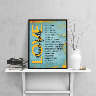 1 Korintiërs 13:4-8 Bijbelvers, Grunge blauw Poster