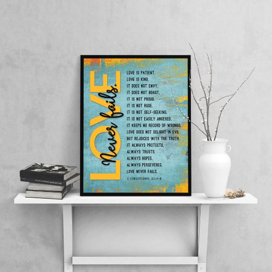 1 Korintiërs 13:4-8 Bijbelvers, Grunge blauw Poster
