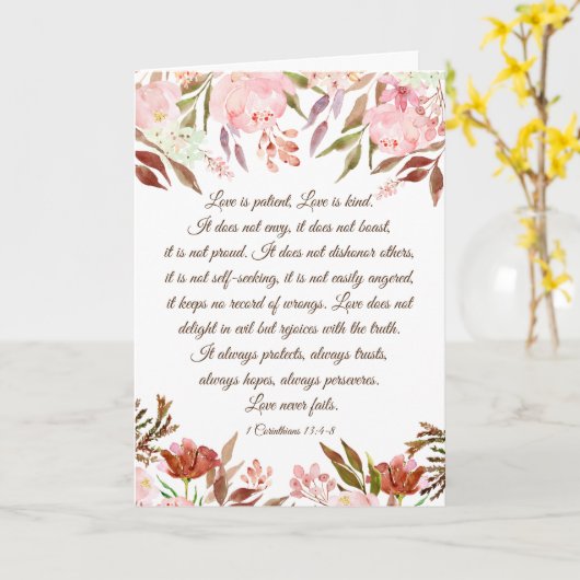 1 Korintiërs 13:4-8 Blush Bloemen Trouwkaart Kaart (Gele Bloem)