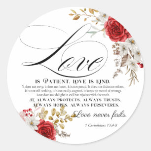 1 Korintiërs 13:4-8 Liefde is Geduldig Bijbel Bloe Ronde Sticker