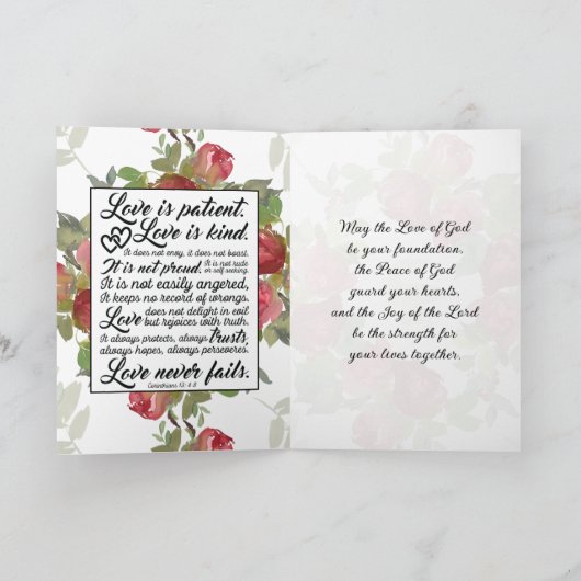 1 Korintiërs 13:4-8 Liefde is Geduldig Bruiloft Kaart (Binnen)