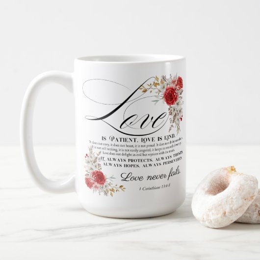 1 Korintiërs 13:4-8 Liefde is geduldige Bijbelse B Koffiemok (Met donut)