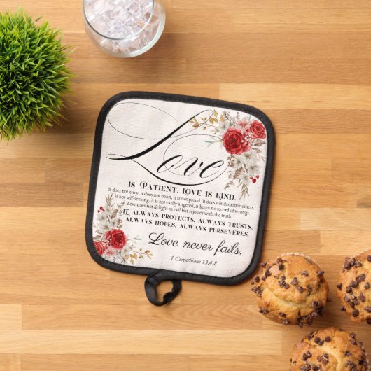 1 Korintiërs 13:4-8 Liefde is geduldige Bijbelse B Pannenlap (Top down)