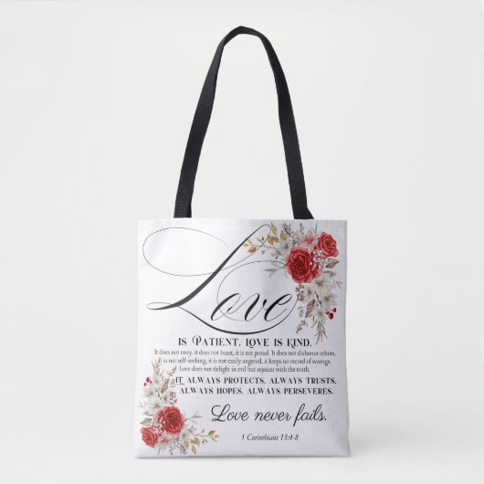 1 Korintiërs 13:4-8 Liefde is geduldige Bijbelse B Tote Bag (Voorkant)
