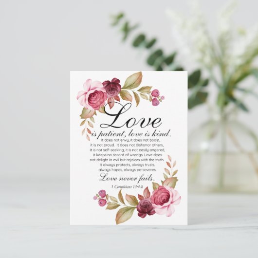 1 Korintiërs 13:4-8 Liefde is geduldige Bloemenbij Briefkaart (Staand voorkant)