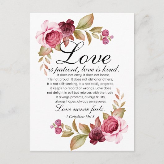 1 Korintiërs 13:4-8 Liefde is geduldige Bloemenbij Briefkaart (Voorkant)