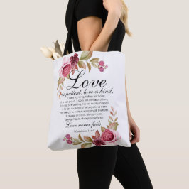 1 Korintiërs 13:4-8 Liefde is geduldige Bloemenbij Tote Bag