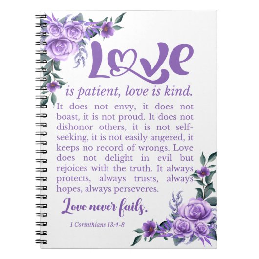 1 Korintiërs 13:4-8 Liefde is geduldige Paarse Blo Notitieboek (Voorkant)