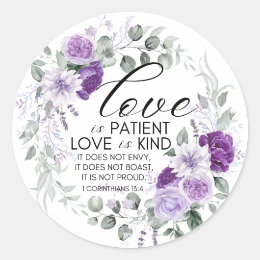 1 Korintiërs 13:4 Liefde is Geduldig Violet Bloem Ronde Sticker (Voorkant)