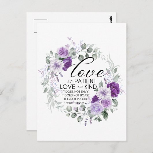1 Korintiërs 13:4 Liefde is geduldig violette bloe Briefkaart (Voorkant / Achterkant)