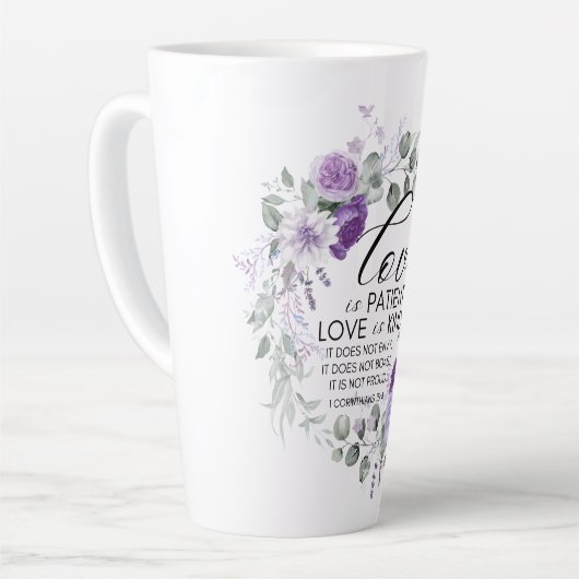 1 Korintiërs 13:4 Liefde is geduldig violette bloe Latte Mok (Linkerhoek)
