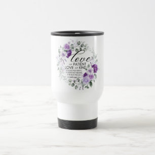 1 Korintiërs 13:4 Liefde is geduldig violette bloe Reisbeker