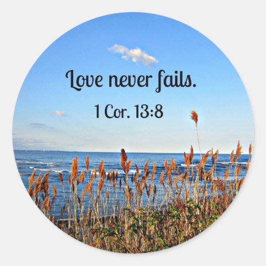 1 Korintiërs 13:8 Liefde mislukt nooit. Ronde Sticker (Voorkant)