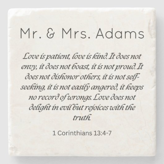 1 Korintiërs 13 Mr. Mrs. achternaam bruiloft Stenen Onderzetter (Voorkant)