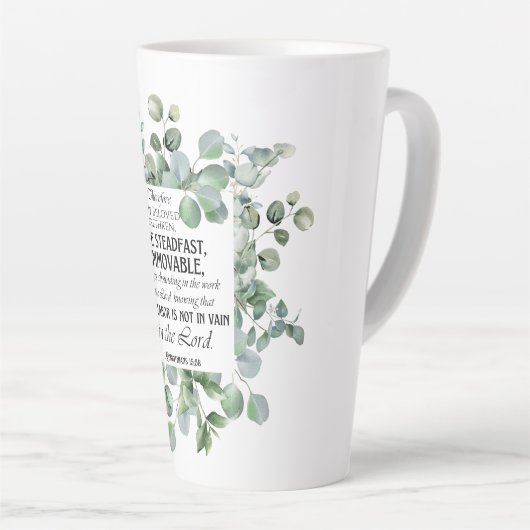 1 Korintiërs 15:58 Inspirerend verzen Eucalyptus Latte Mok (Rechterhoek)